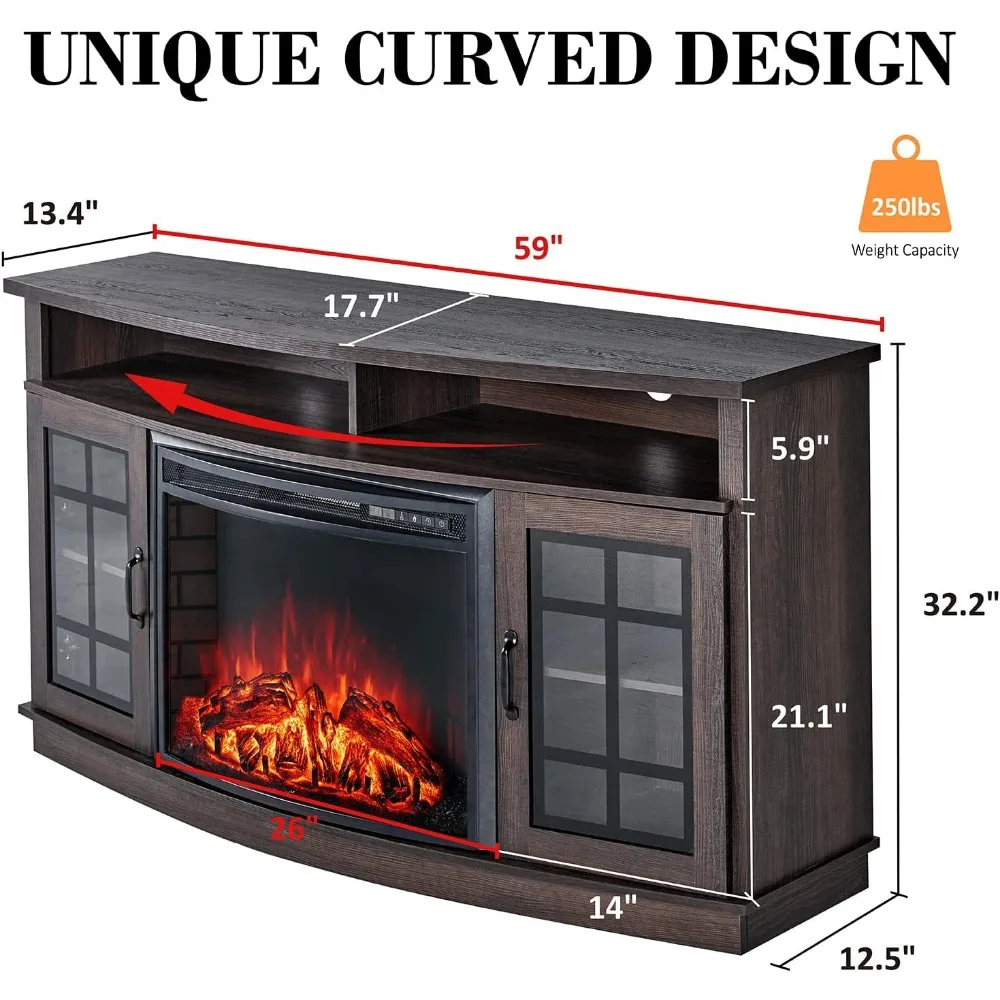 59" Curved Fireplace TV Console, Entertainment Center Table with Open Shelves and Farmhouse Glass Door Media TV Cabinet Stand