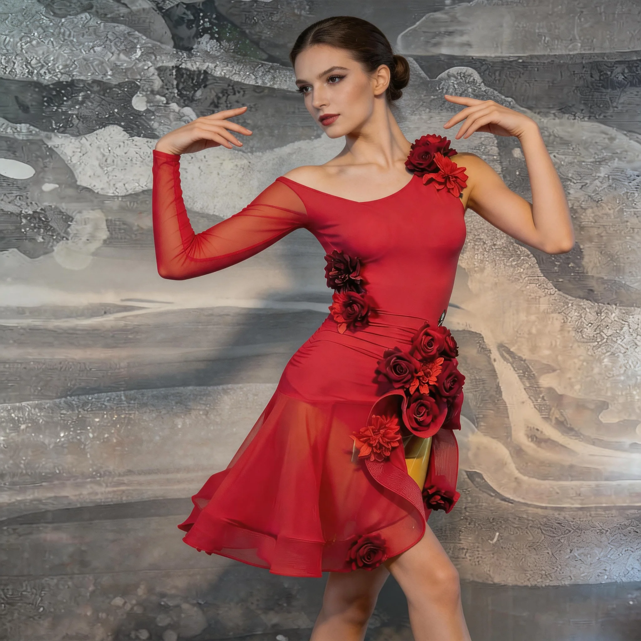 

Stage Performance Rose Theme Dance Dress Women Heavy Duty Big Skirt Bling Water Diamond Tango Samba Competition Wear