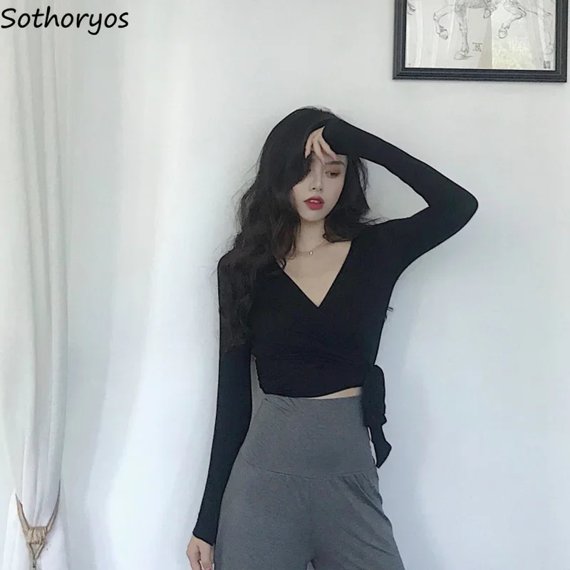 

Women Sets Elegant V-neck Solid Bow Slim High Waist Sweet Trendy Korean Style Womens Long Sleeve Set Criss-Cross Lady Breathable