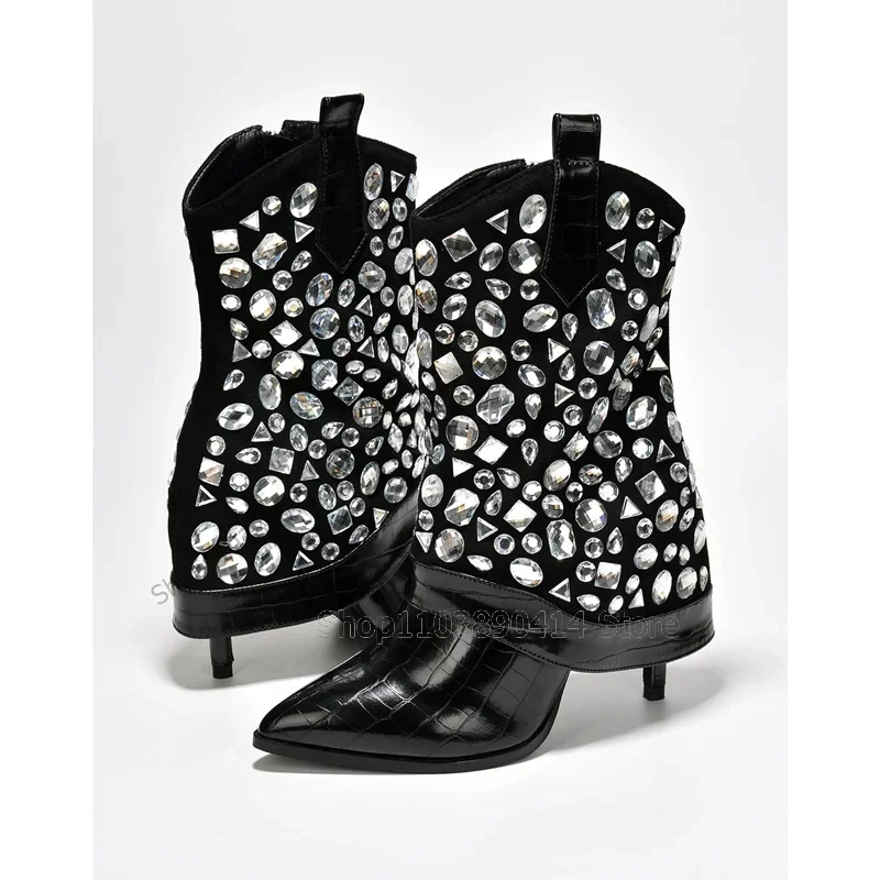 

Black Crocodile Print Crystal Decor Pointed Toe Boots Slip On Women Shoes Thin High Heels Novel Runway 2026 Zapatos Para Mujere