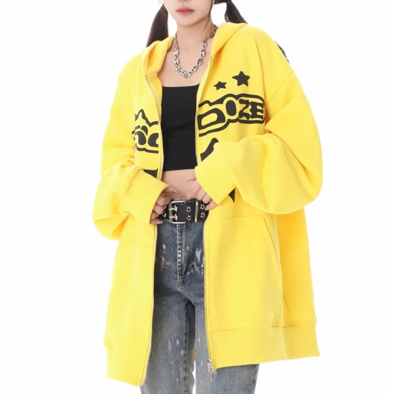 2000s Aesthetic Star Letter Graphic Hoodie Hip Hop Fashion Hooded Cardigan Women's Fall Winter New Loose Oversize Sweater Couple