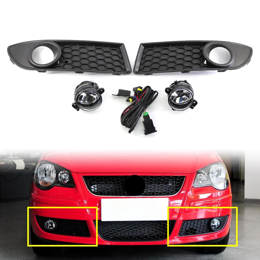 Car Front Bumper Mesh Grille Fog Light Kit Set For VW Polo GTI 2005 2006 2007 2008 2009