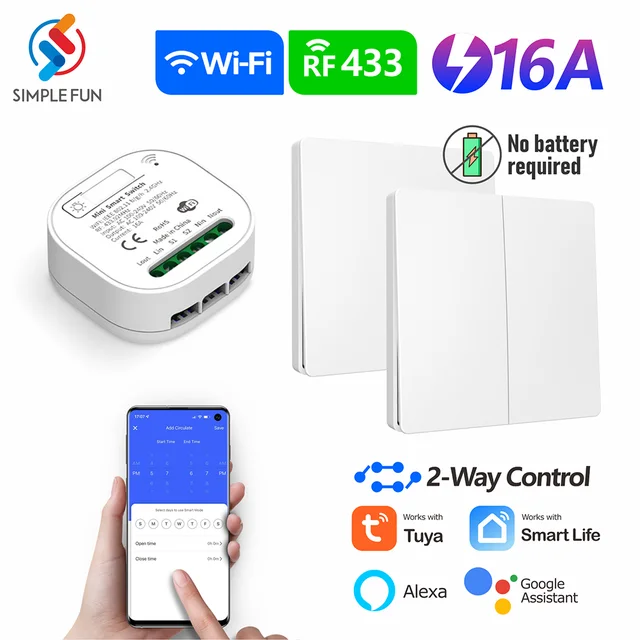 WiFi RF Smart Light Switch Tuya Smart Life Alexa Bezprzewodowy pilot zdalnego sterowania AC 100-240V 16A 2-kierunkowy panel ścienny Bez baterii Bez okablowania