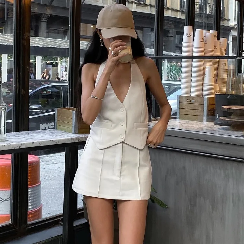 

WhereMery Vintage Sleeveless Women's Suit V-neck Tank Top With High-waist Bodycon Hip Skirt Streetwear Retro Autumn 2 Piece Sets