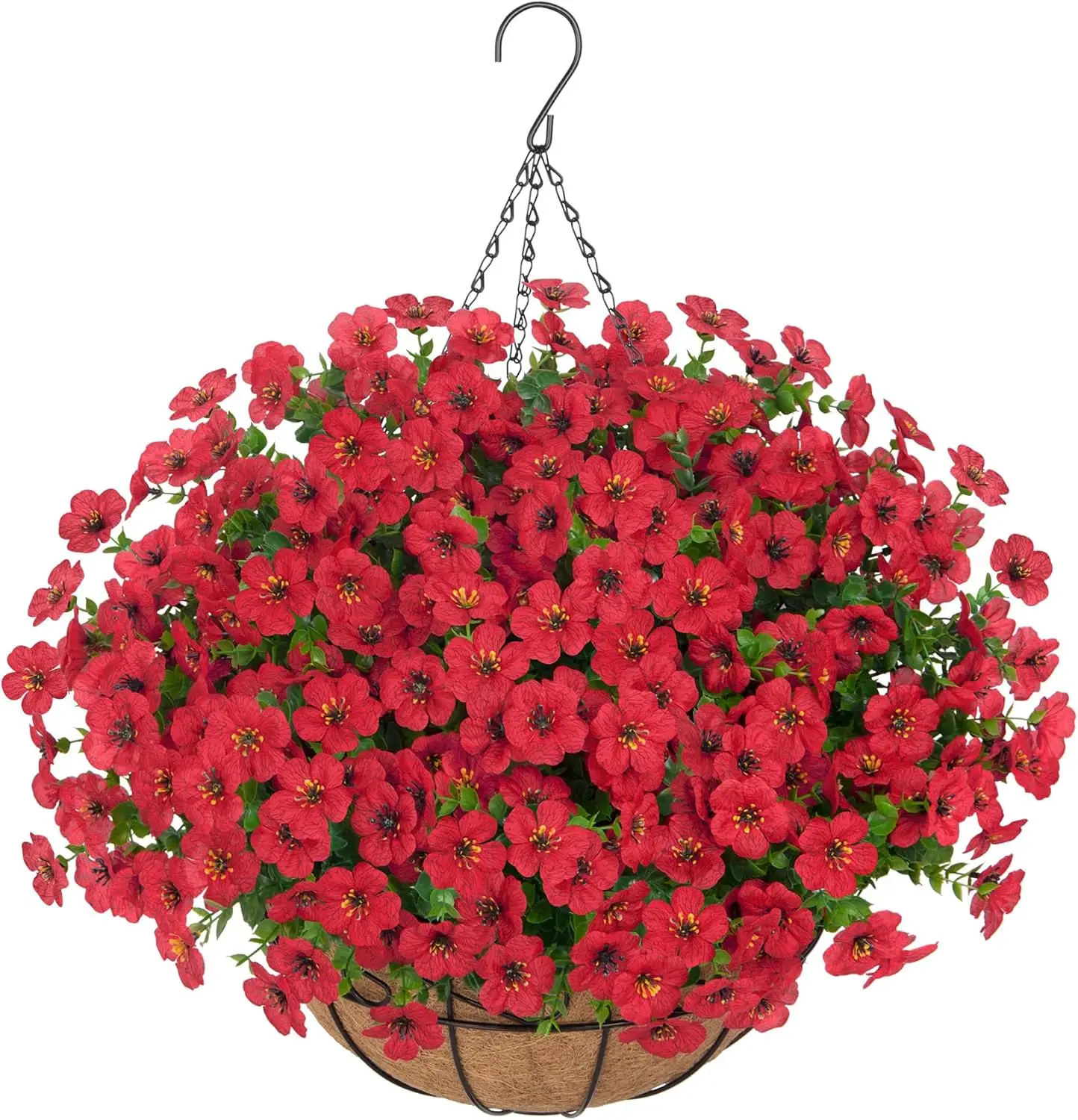 

Artificial Hanging Flowers for Outdoors, UV Resistant Silk Flowers Basket Red Faux Daisy with Euc Leaves Hanging Fake