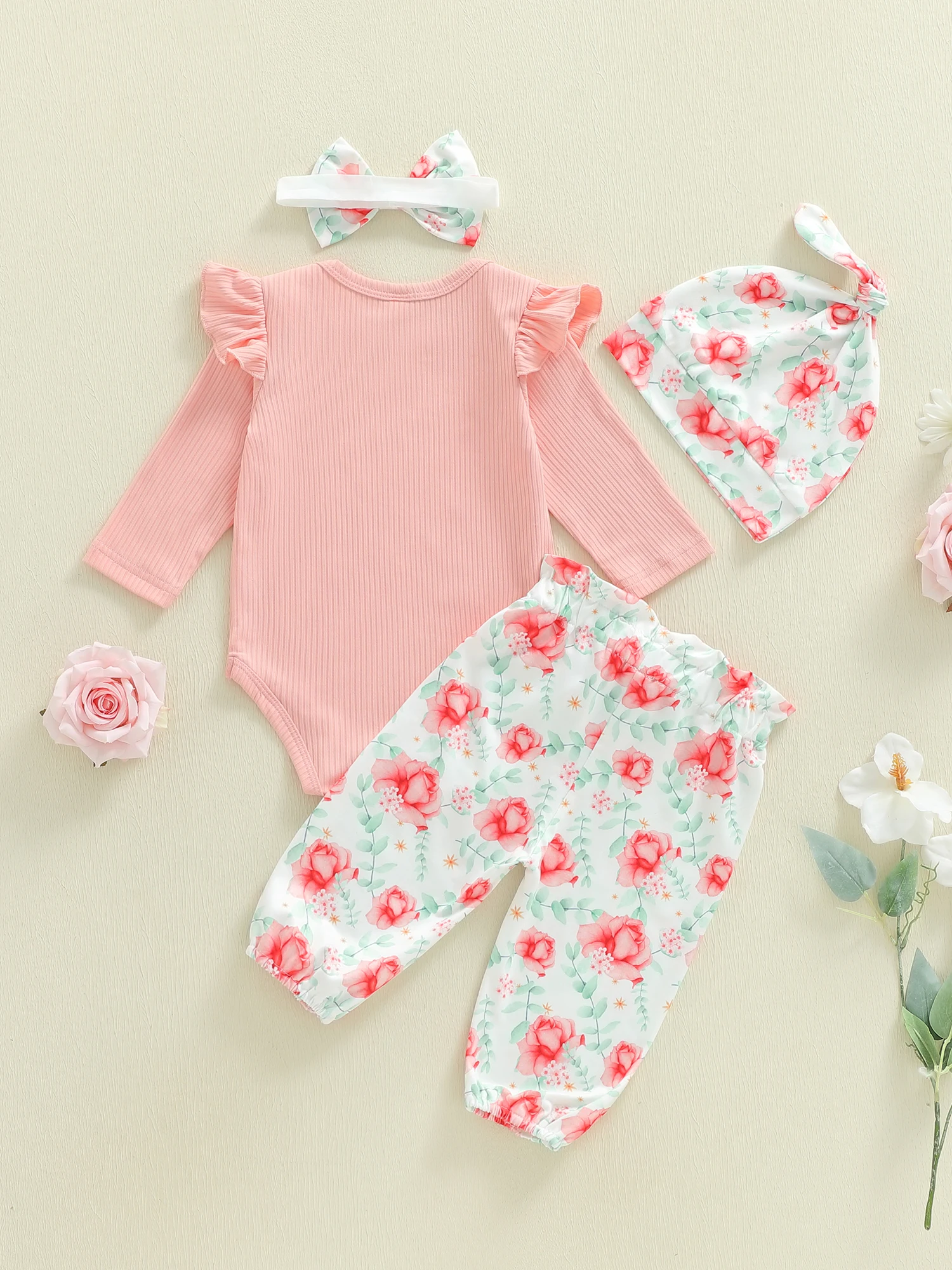 طقم ملابس رائع للفتيات الصغيرات مكون من 3 قطع مع بنطال مزين بالزهور وعصابة رأس متطابقة - أساسيات أزياء الخريف #2