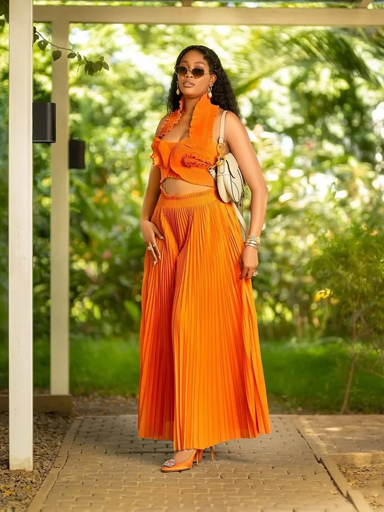 ANLAN Miyake vouwset damesmode mouwloze top met hangende hals + wijde rechte broek sexy tweedelige sets 2025, nieuw 9AN1502