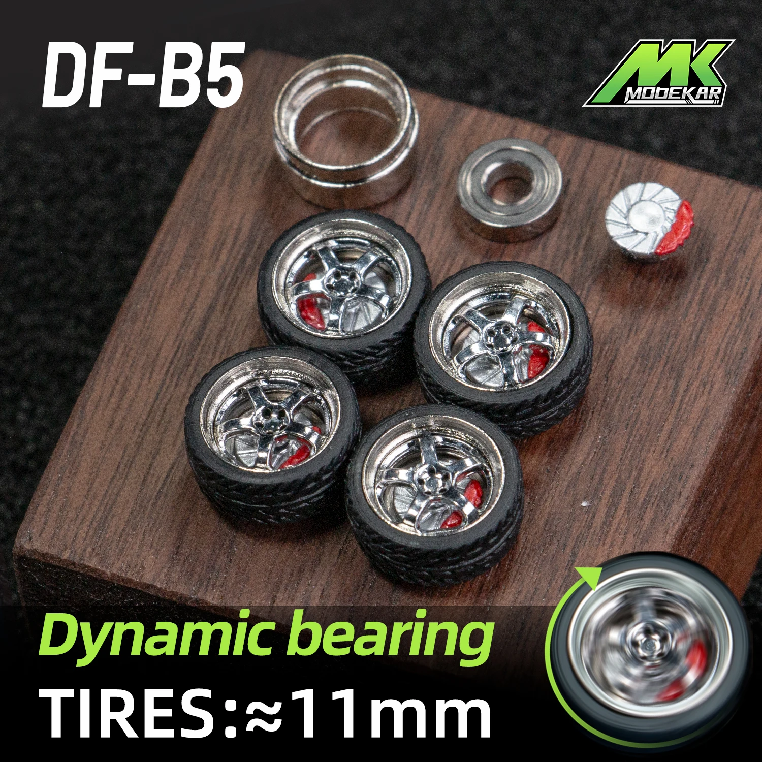 1/64 Scale Dynamic bearing wheels modified wheels Car model rotary disc brake calipers Metal wheels with bearing rubber tires