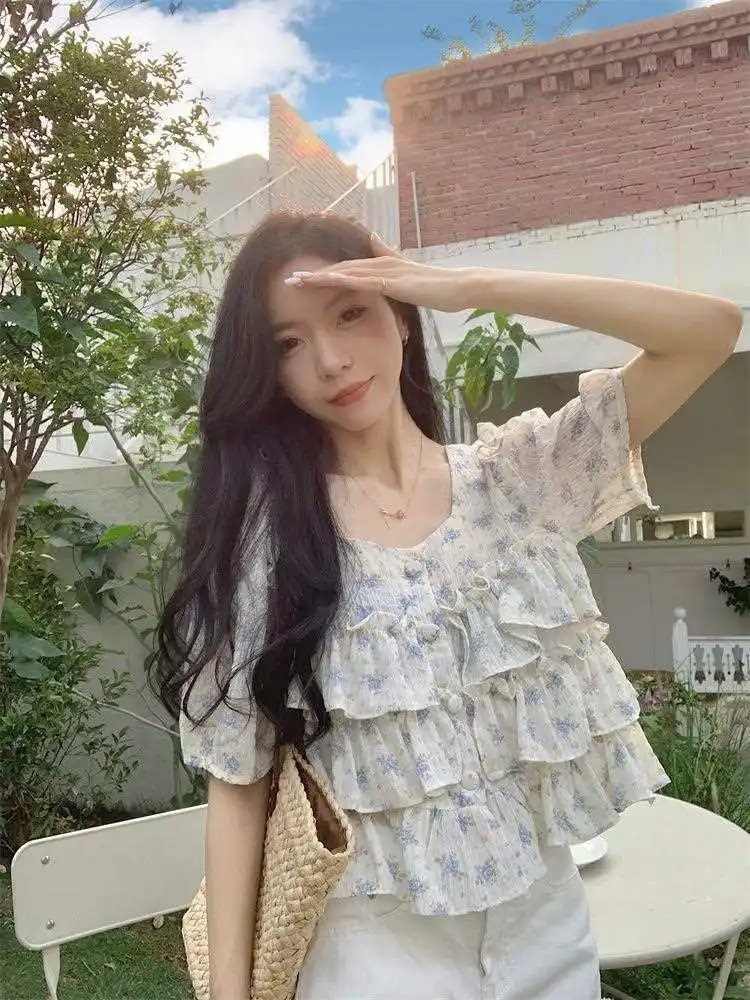 

Sweet Square Collar Puff Sve Chiffon irt Women's Summer Floral Print Cute Sle Five Sve Polyester Fiber Blouse