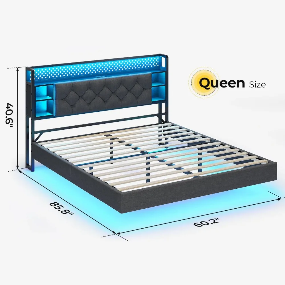 Queen Floating Platform Bed with Hidden Storage Headboard, LED Lights, Queen Size Floating LED Bed Frame with Charing Station