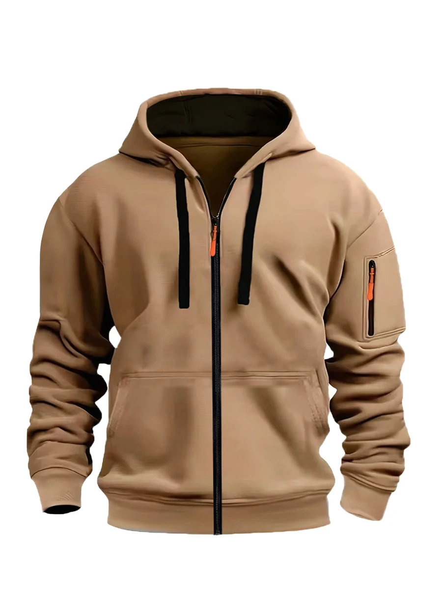 Men's casual zipper hoodie with kangaroo pocket-solid color, long sleeve, autumn winter sports casual polyester blend