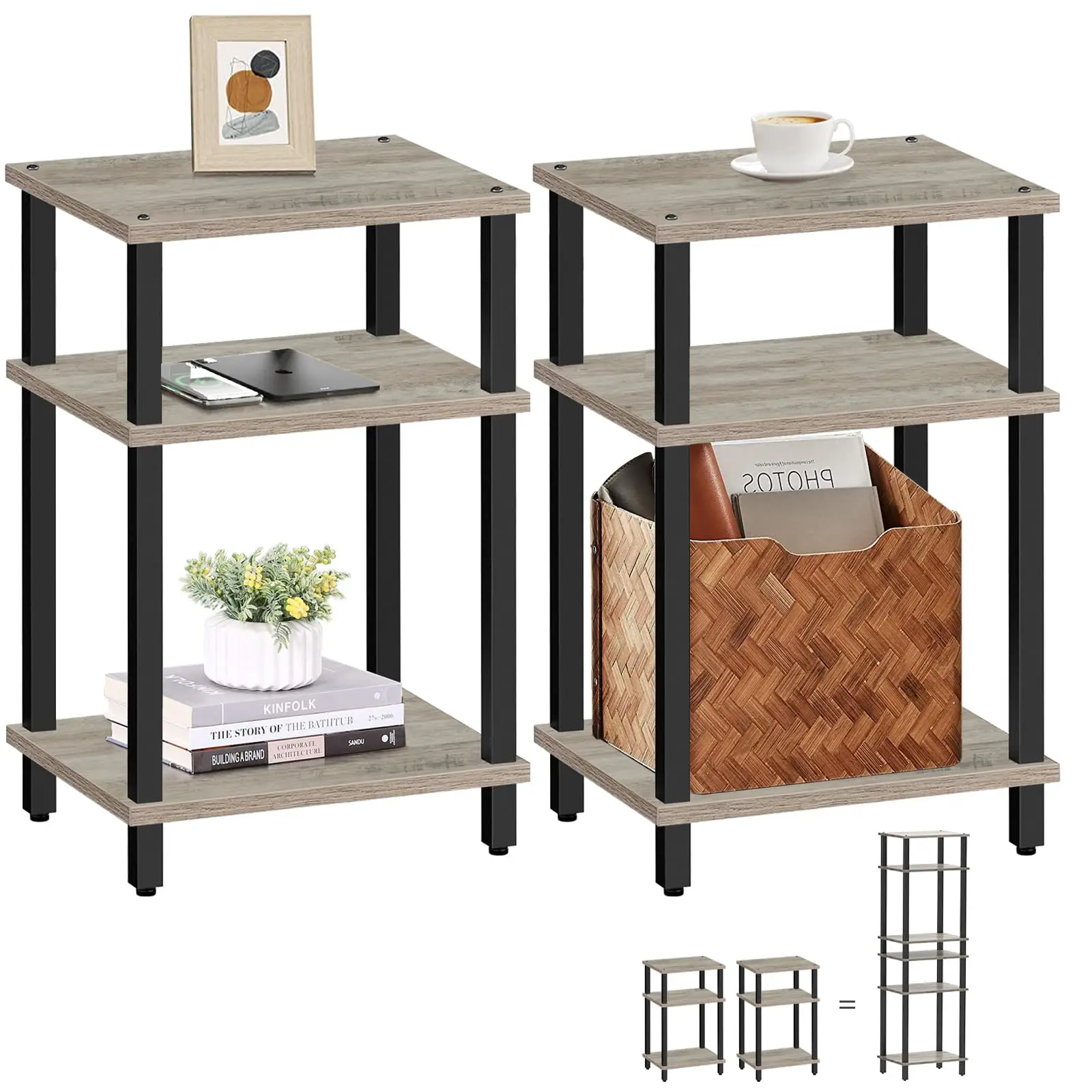 

Three-Tier Wood-Effect Side Table With Metal Legs For Living Room Bedroom Small Space Storage
