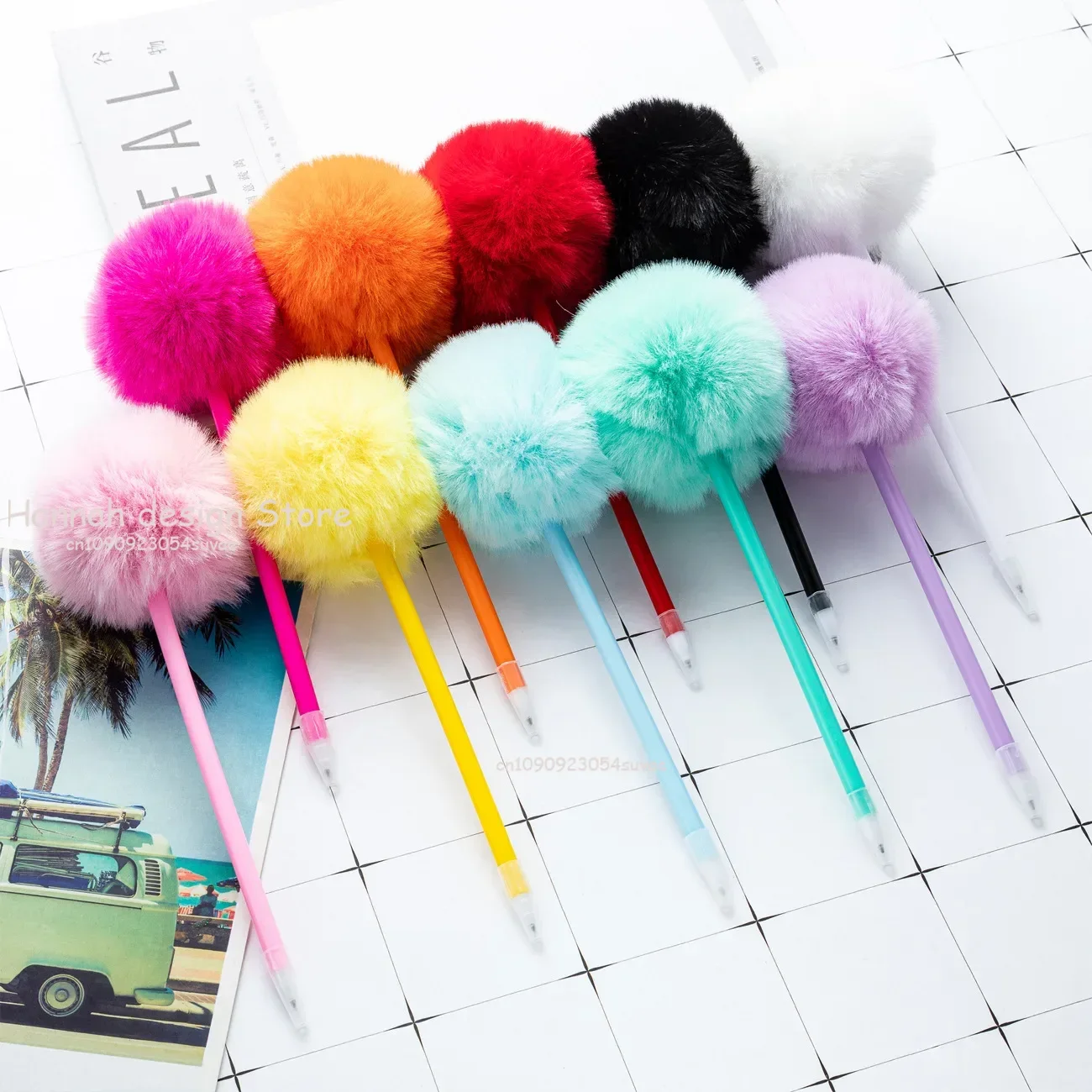 1.0mm Colorful Plush Pompom Ballpoint Pen Metal Body Black Oil Writing Tools School Office Stationery Supplies For Girls Gift