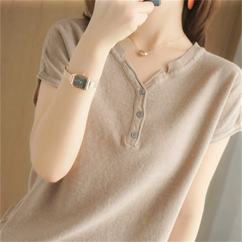 Summer 100% Cotton T-shirt Women Clothing Korean Style V-neck Short Sleeve T-shirts Woman Solid Casual Basic Shirt Lady Tops