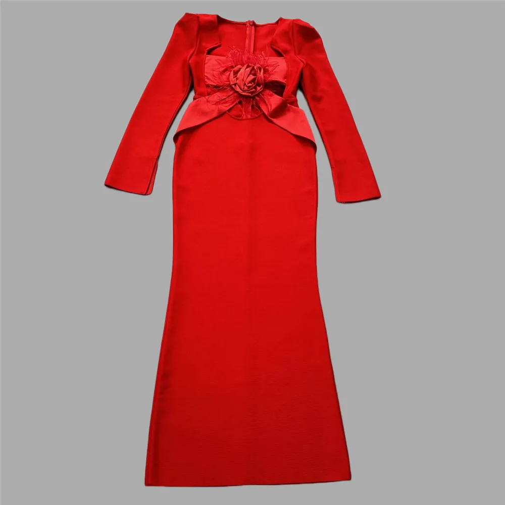 Femmes de luxe rouge robe de pansement élégant à manches longues col carré découpé longue anniversaire célébrité soirée Club robes de soirée Gala