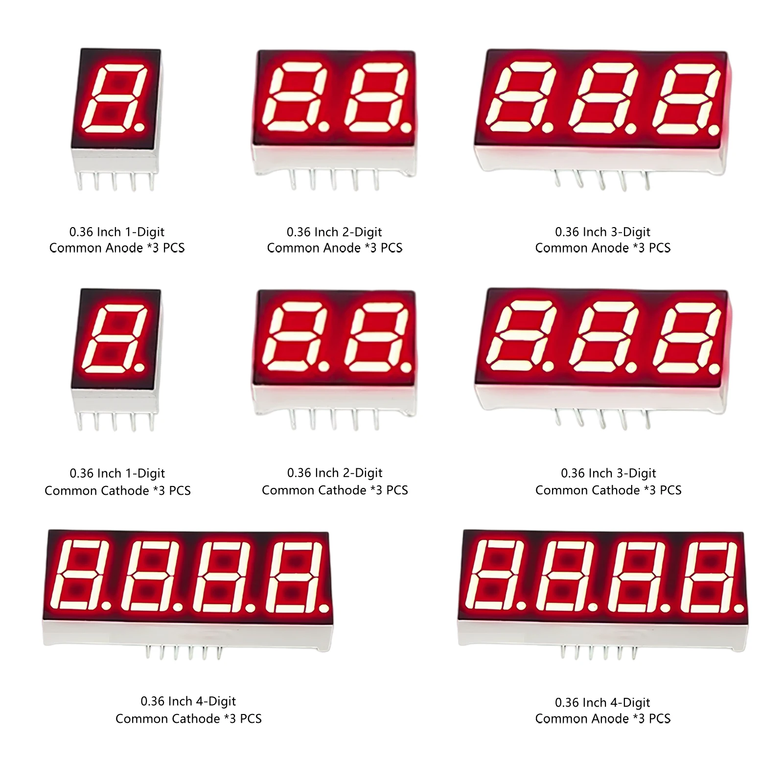 8 Values 0.36 inch Common Cathode/Anode LED Digital Tube Kit 1/2/3/4 bits bit Red 7 Segment Display Digit Total 21 Pcs
