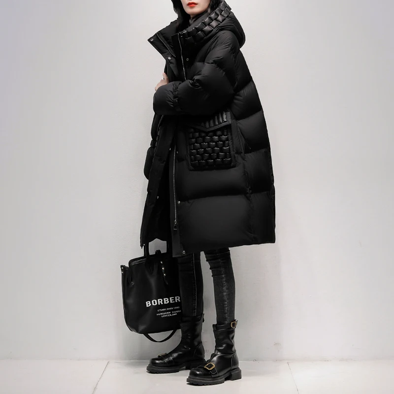 

Black Hooded Down Jacket Women's 2023 Winter New Loose Fashion White duck down Parka Coat Thicken Female Casual Long Overcoat
