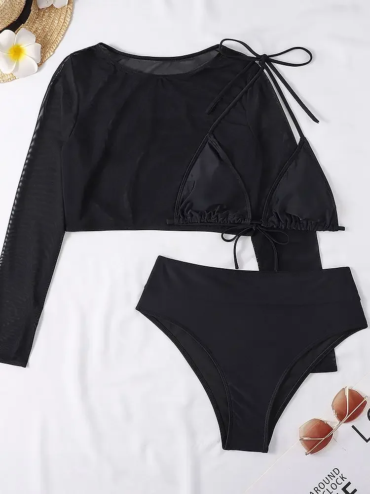 Summer Women Triangle Three-Piece Suit Sexy High Waisted Bikini Set Bandage Push-Up Swimsuit Bathing Long Sleeve Beach Holiday