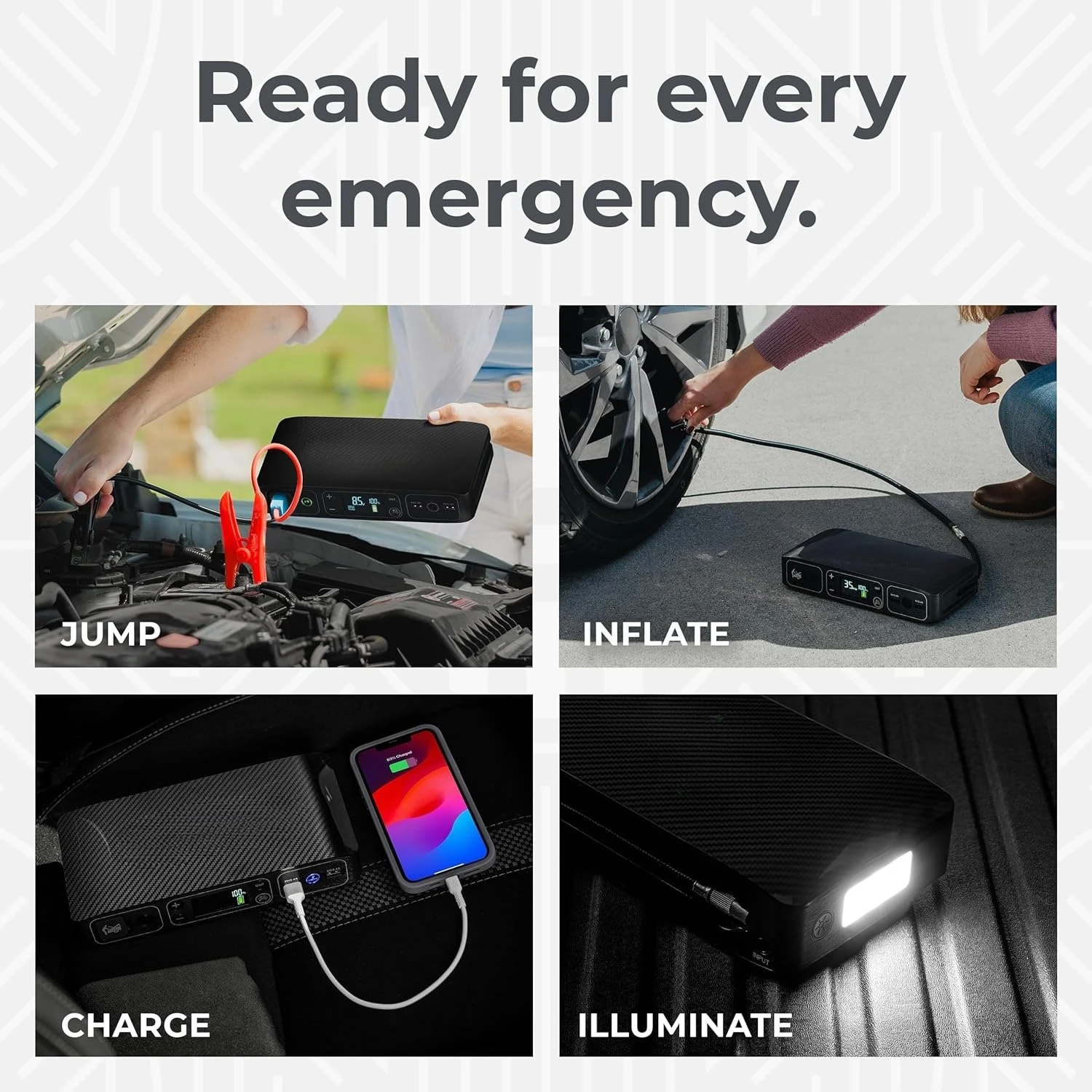 เครื่องช่วยสตาร์ทรถยนต์แบบพกพา 58830 |   เครื่องอัดอากาศ 100 PSI, พาวเวอร์แบงค์ USB 58.8Wh, ไฟฉุกเฉินและที่ชาร์จ, ขายดี