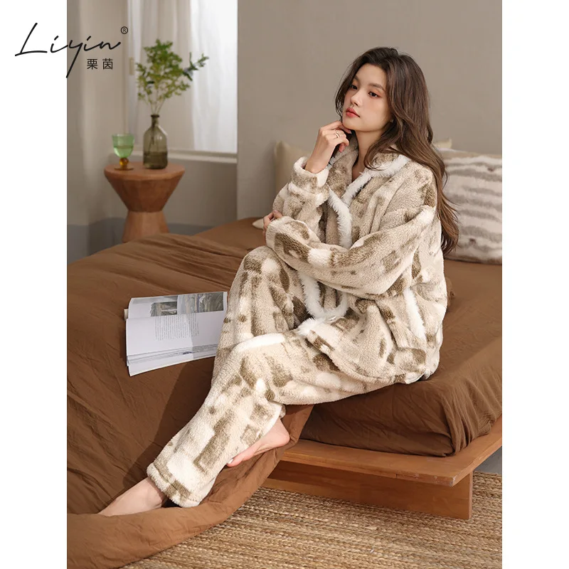 파자마 세트 면 겨울 의류 여성용 파자마 세트 여성용 따뜻한 겨울 파자마 패셔너블한 홈웨어, 파자마 부드러운 파자마 세트