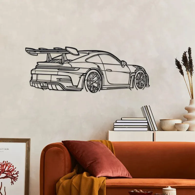 Black Metal Carving Car Wall Art with Sleek Design Spoiler & Exhaust Pipes Easy Hang for Home Office Decor