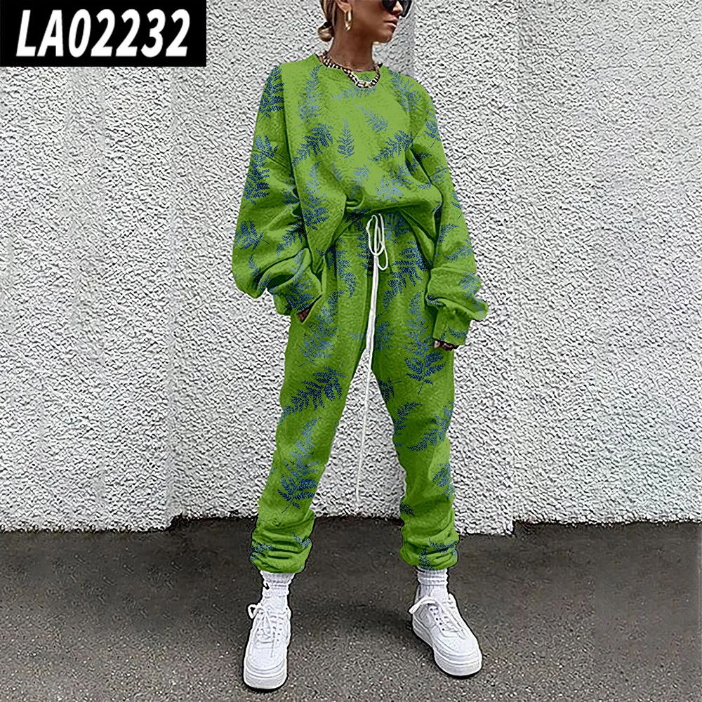 Women Casual Lounge Wear Tracksuit 2 Pieces Set Sweatshirts Green Print Pullover And Home Sweatpants Trousers Outfits