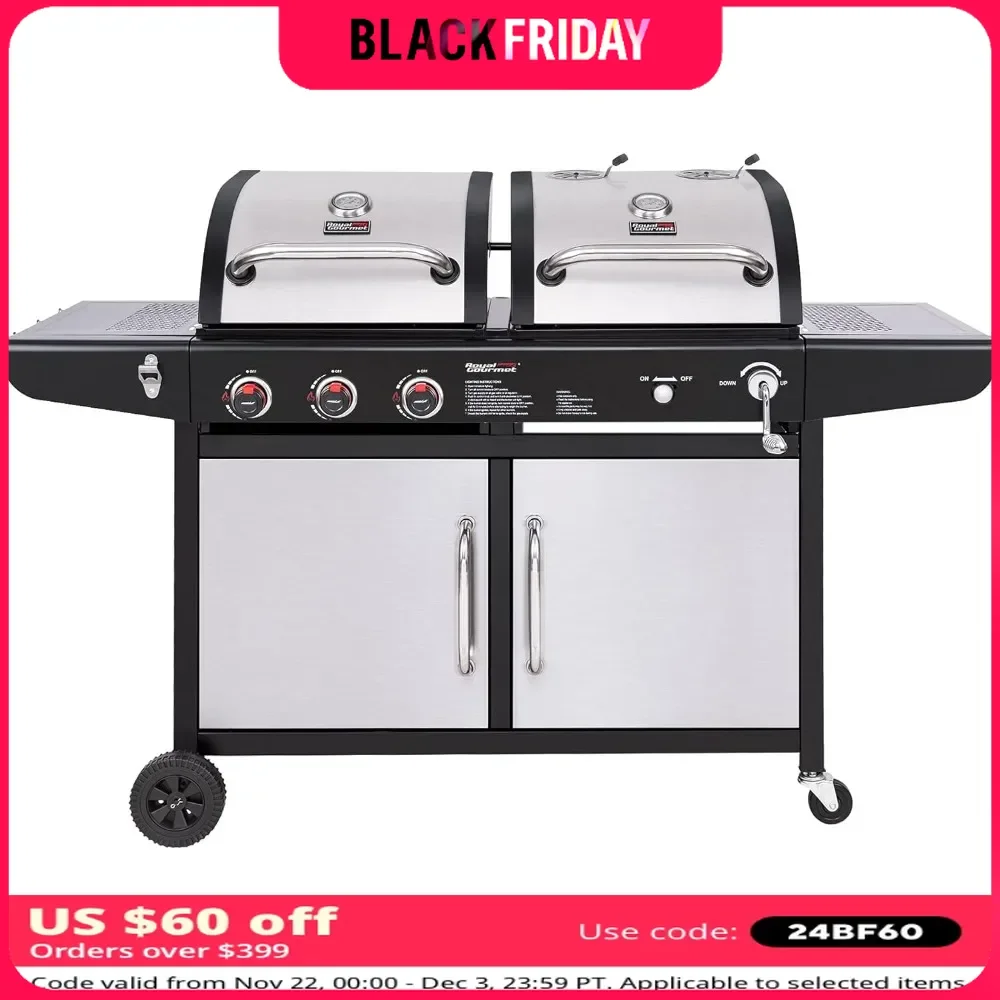 3-Burner 25,500-BTU Dual Fuel Gas and Charcoal Grill Combo, Cabinet Style, Outdoor BBQ Garden Barbecue Cooking, Silver BBQ Grill