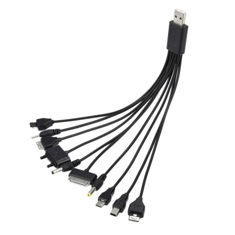 New Useful Black 10 In 1 USB 2.0 Version Multi Portable Charger Mobile Phone Cable Universal A Male To Multi Plug Charger Cable