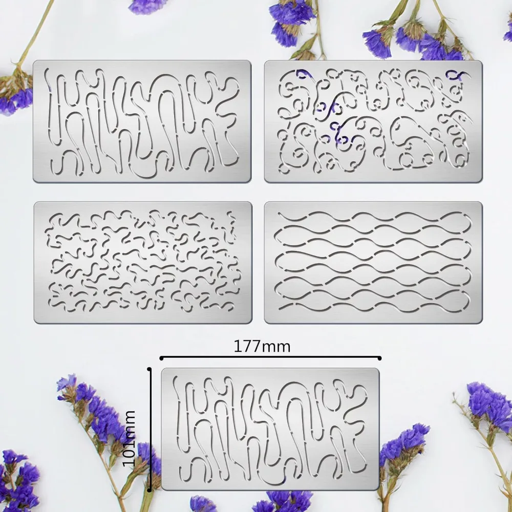 4PCS 4x7 Inch Wave Pattern Metal Stencils 4 Style Steel Stencil Template for Wood Carving Drawings and Woodburning Engraving