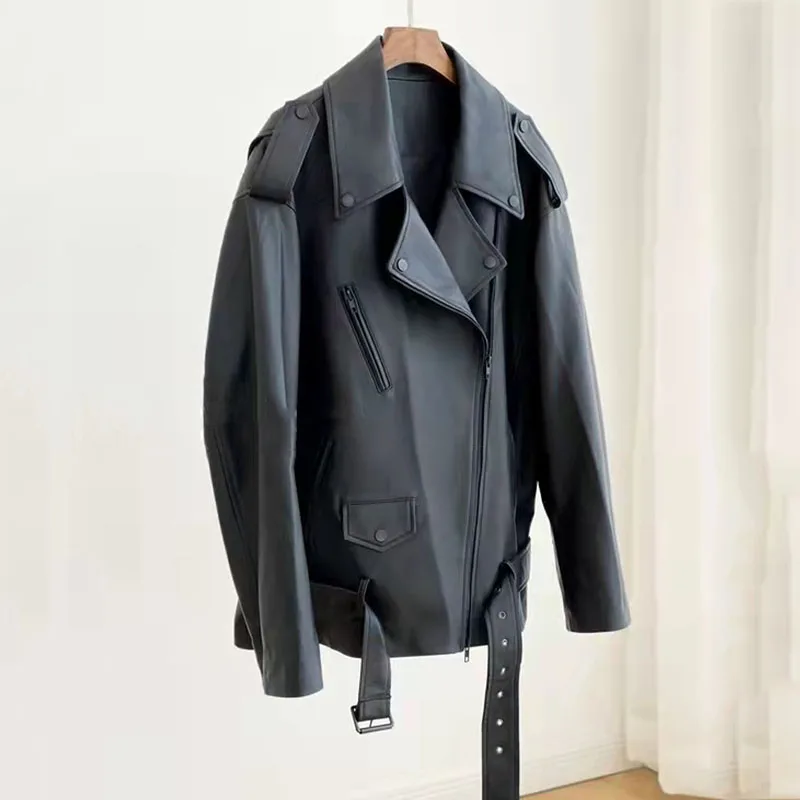 New Fashion Coat Spring Women 2024 Soft Real Sheepskin Overcoat Belt Locomotive Model Style Genuine Leather Jacket Oversized