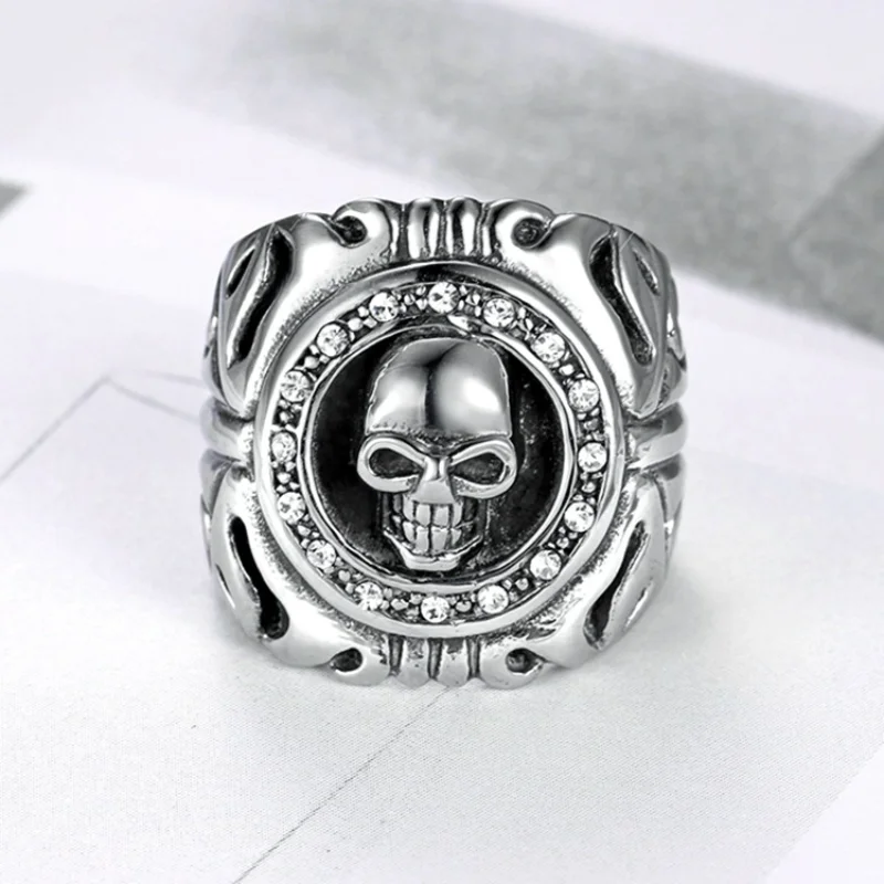 Megin D Stainless Steel Titanium Luxury Zircon Skull Carved Vintage Boho Punk Rings for Men Women Couple Friends Gift Jewelry