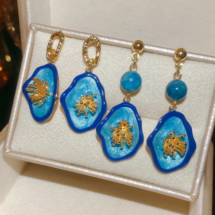Klein Blue Retro Harbor Style Flower Earring for Women Pendant Unique Beautiful Niche Exquisite Exaggerated Drop Earrings