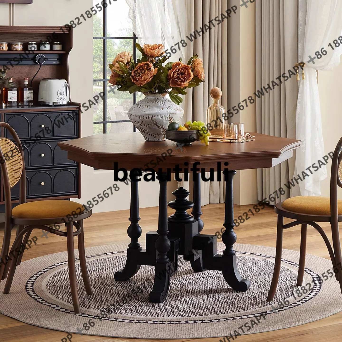 

American retro solid wood dining table French Nanyang small apartment restaurant octagonal round dining table