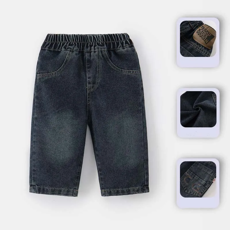 UNITIM 2026 Spring Kid Boys Straight Pants Loose Letter Sticker Children Boys Denim Pants Casual Elastic Waist 2-8Yrs Boys Jeans