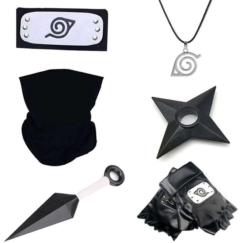 Anime Naruto 6pcs/Set Kakashi Cosplay Accessories Gloves Kunai Headband Mask Necklace Ninja Uchiha Costumes Props Children Stuff