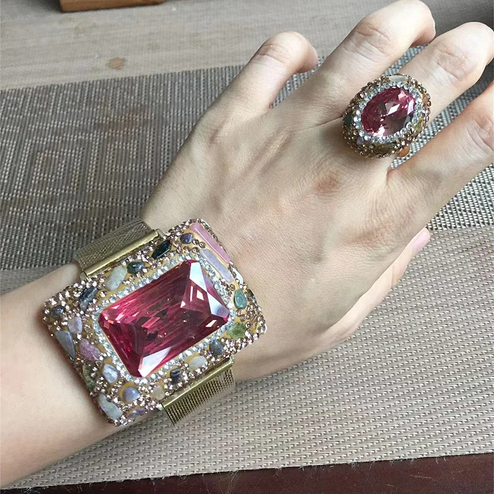 

Colored Change Sultanite Crystal Bangle Rings Sets for Women Stainless Steel Watch Belt Chain Bracelet Zultanite Sudan Jewelry