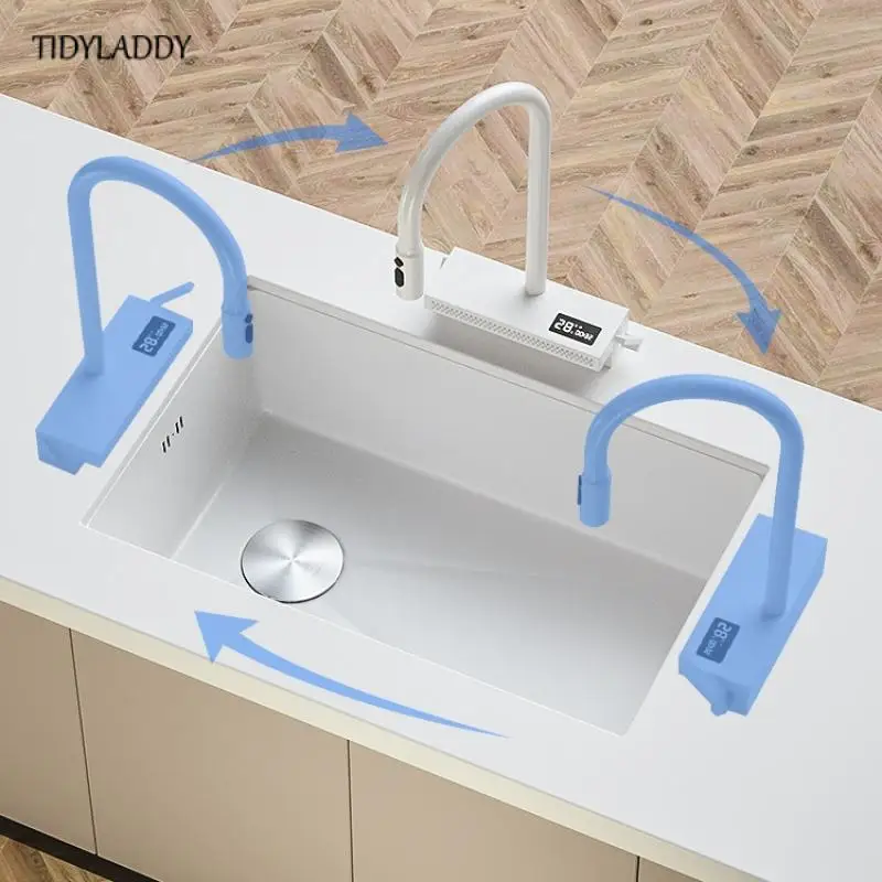 White Stainless Steel Kitchen Sink Under Stage Basin Waterfall Kitchen Faucets with Digital Display Kitchen Novel Accessories