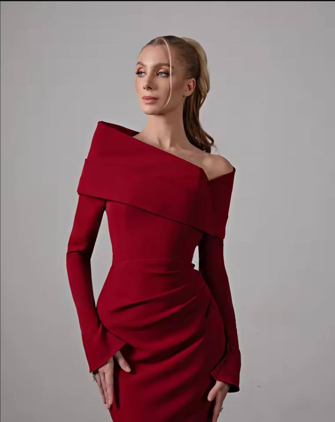 

customized Burgundy Prom Dresses Pleated Cape Long Sleeves Formal Women Evening Dresses