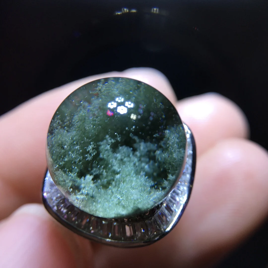 

Natural Green Phantom Adjustable Ring Oval Men 925 Silver Bead Phantom 13.8mm Women Men Jewelry AAAAAA