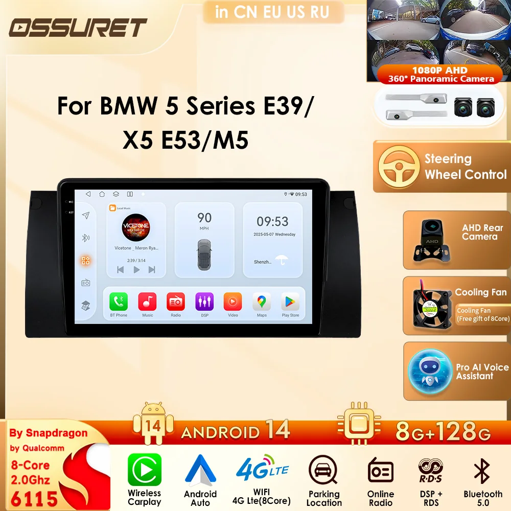 Android 14 Snapdragon 8 core Car Radio for BMW E39 E53 X5 M5 1996-2007 Wireless Carplay Android Auto GPS Navigation RDS Stereo