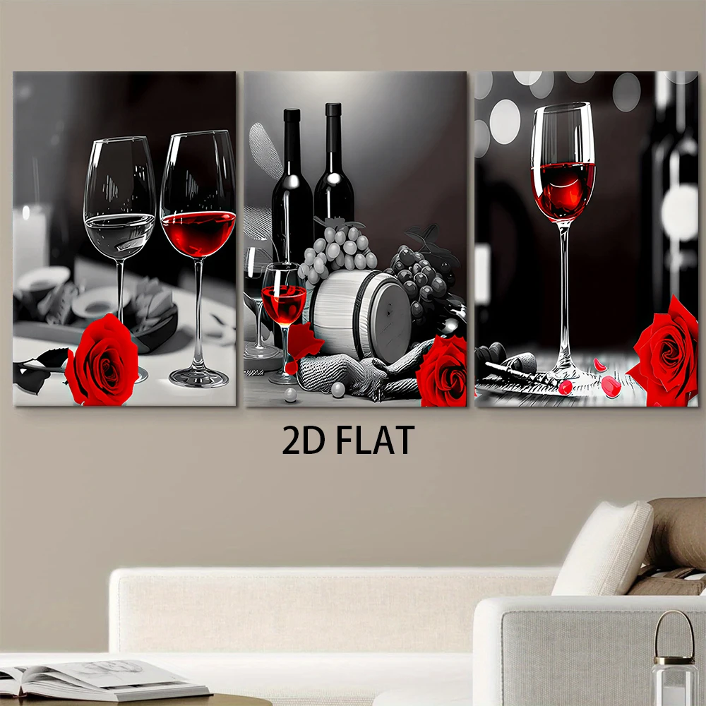 Image of 1 Set moderner minimalistischer Restaurant-Dekorationsbilder ohne Rahmen, Rotweingläser, Rosen, Schwarz-Weiß-Kunst zum Aufhängen