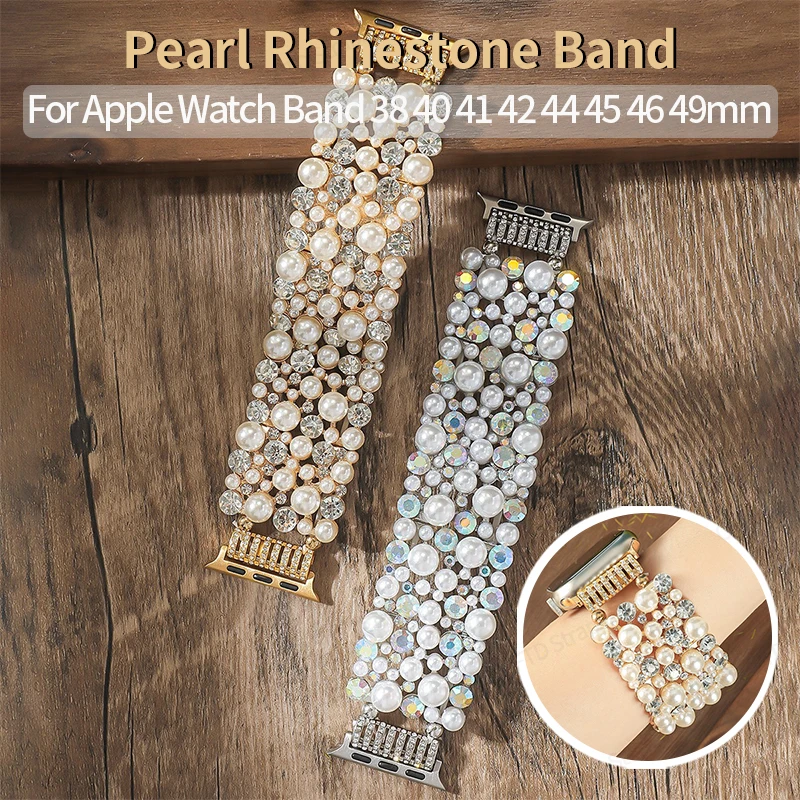 Multi‑Layer Pearl Crystal Strap for Apple Watch Series11 10 9 8 7 6 Ultra SE Sparkly Beaded Bracelet Band 38 41 42 45 46 49 44mm