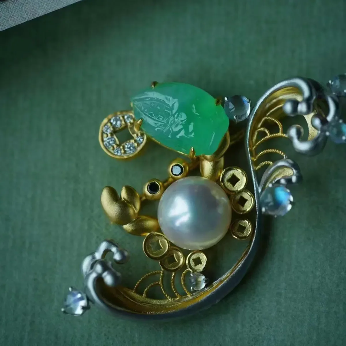 

Женская Брошь в китайском стиле, брошь золотого цвета с искусственным зеленым нефритом И искусственным жемчугом