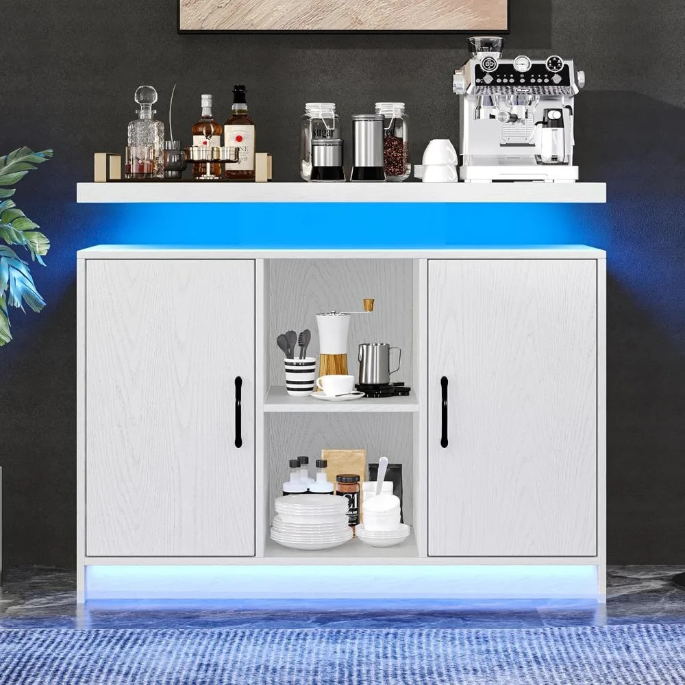 Kaffee-Barschrank mit LED-Leuchten und Stauraum, Sideboard-Buffetschrank mit Ladestation, Weiß