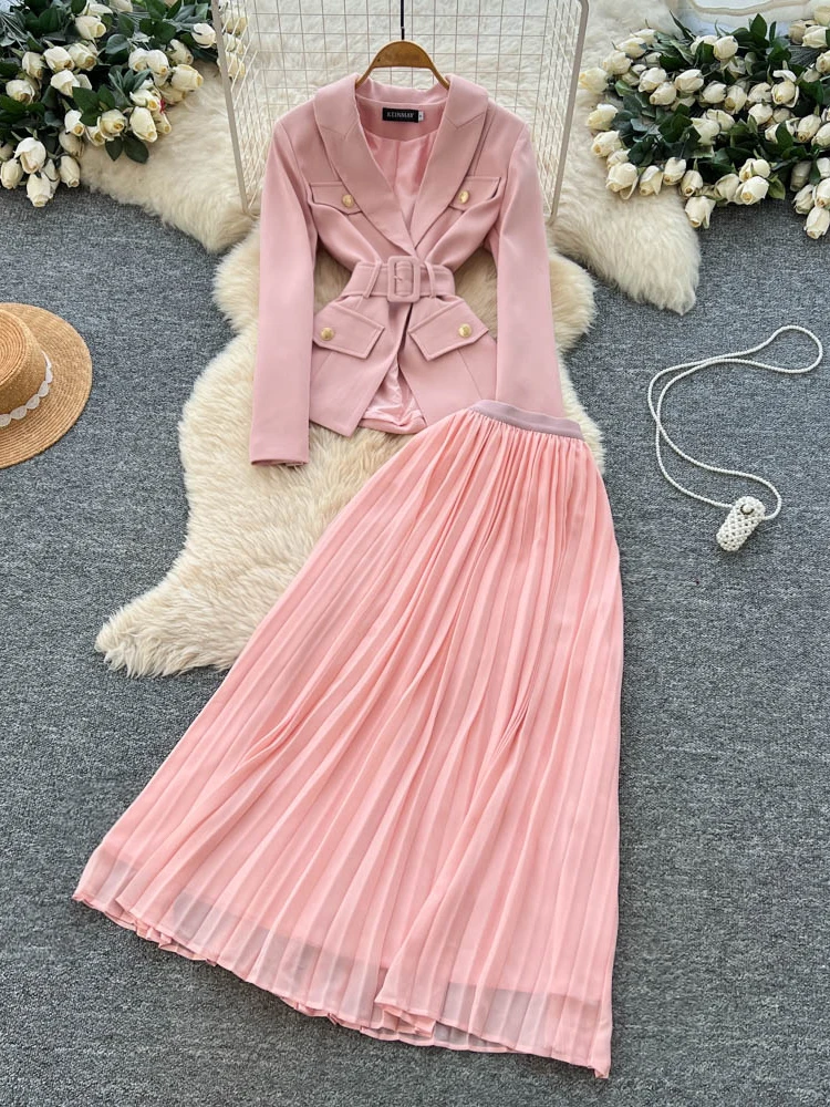 

Ele Slim Fit Two Piece Set for Women Autumn High Waist Pleated Skirt Suit Collar Faionable Casual Workwear Ensemble