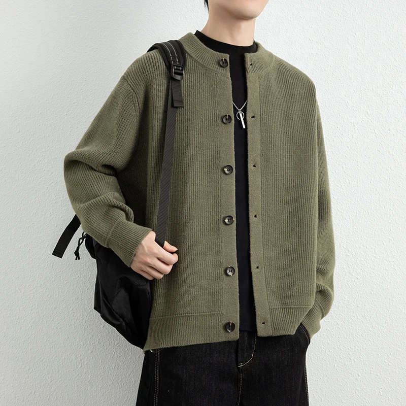 

Мужской повседневный вязаный кардиган на весну-осень, новинка, с воротником-стойкой, свитер-куртка, премиум-качество, трикотаж средней плотности