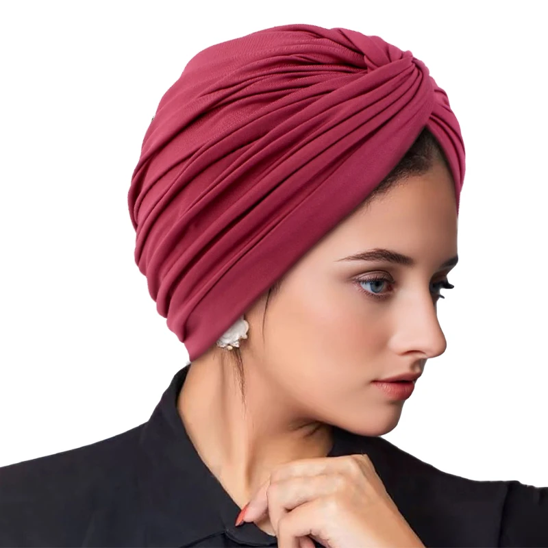 New Women\'s Stretchy Twist Pleasted Hair Wrap Turban Caps Muslim Cancer Chemo Beanie Cap Headwear Sleep Hat