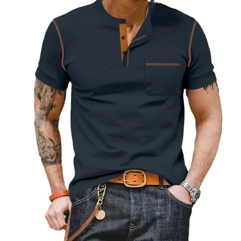 Men T Shirt Blend Pullover Shirt Slim Fit Chest Pocket Contrast Stitching T Shirt Button Placket Menswear Clothing Black