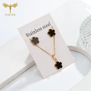 Black flower jewelry set for women, gold stainless steel, earrings, pendant, necklace, chain, brand, jewelry accessories, fashion 12 Main Sales Black Set - №10