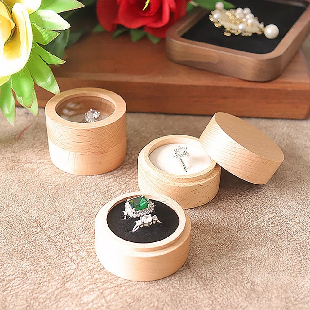 Rotundity Solid Cover Engagement Diamond Ring Box Solid Wood Wedding Band Packaging Box Jewelry Store Counter Retro Display Tool